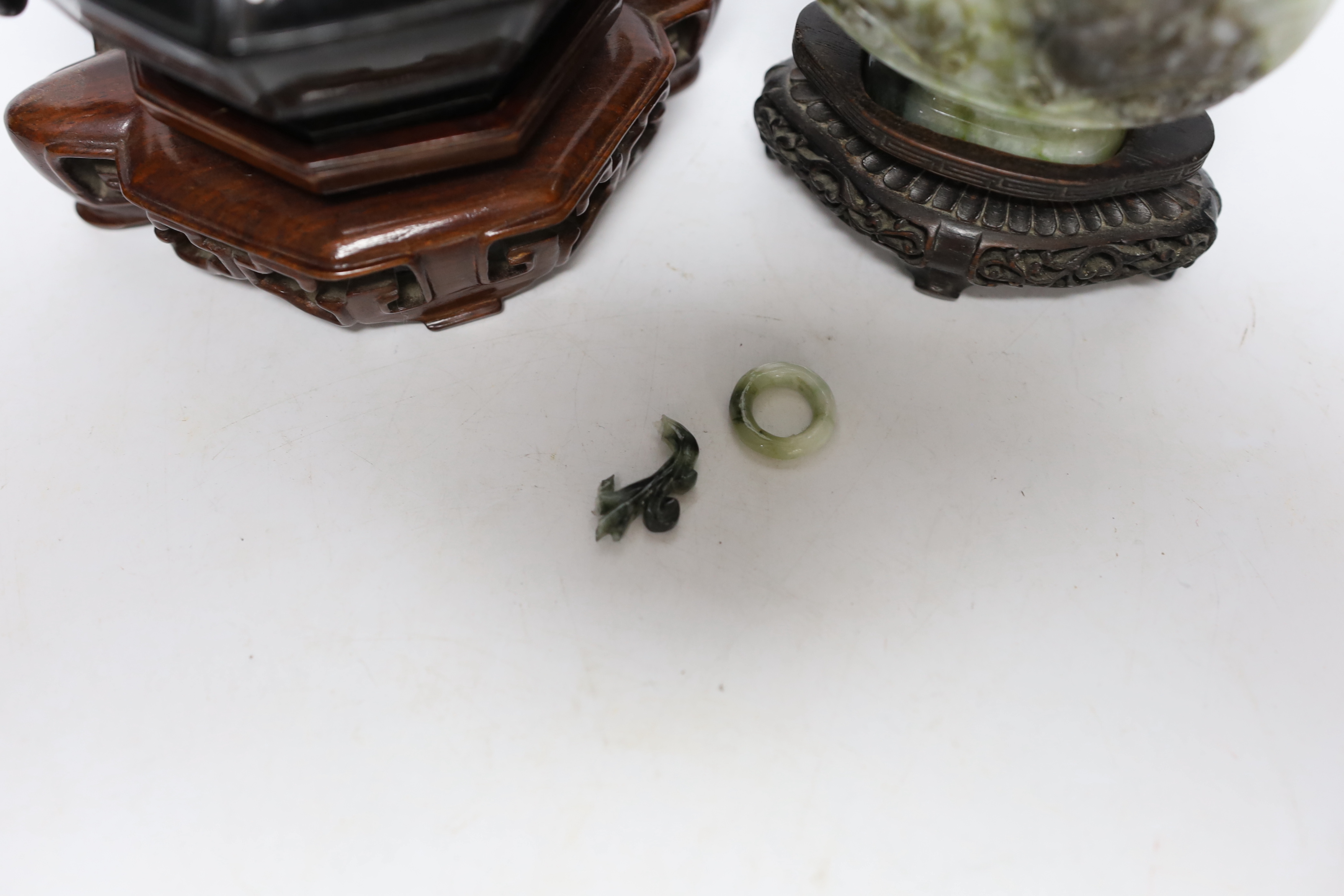 A Chinese jadeite vase and cover and a hardstone censer and cover, both cased and with hardwood stands, largest 18cm high